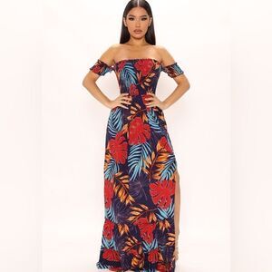 FASHION NOVA Laurel Off Shoulder Maxi Dress - Blue/combo